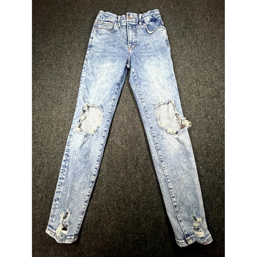 Good American Jeans Womens 4/27 Blue Denim Cotton Stretch High Rise Distressed